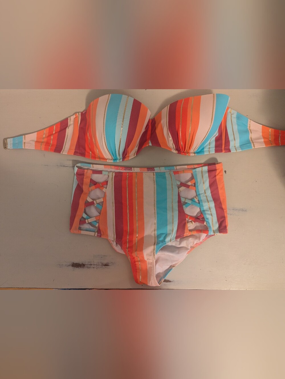 Shade & Shore Pink and Coral Striped Bikini Set
